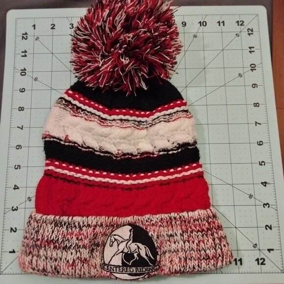 Centered Riding Knit Beanie Hat Pom Red Black Equestrian Logo Sport Tek Cap - Picture 4 of 5